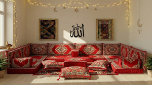 Authentic Red Sofa Sets, Boho Style Living Room Sofa, Arabic Majlis Sofa for Ramadan, 8 Inch Thick Corner Floor Sofa, Moroccan Style Couch