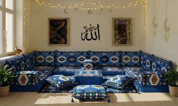 8 Inch Thick Corner Floor Sofa, Blue Diwan Sofa, Moroccan Style Couch for Ramadan, Arabic Floor Sofa with Cushions
