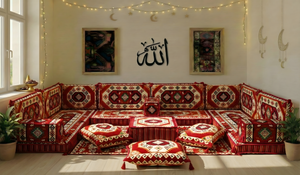 Traditional Red Arabic Sofa for Ramadan, Arabic Majlis for Living Room, Ottoman Floor Seating Sofa Set