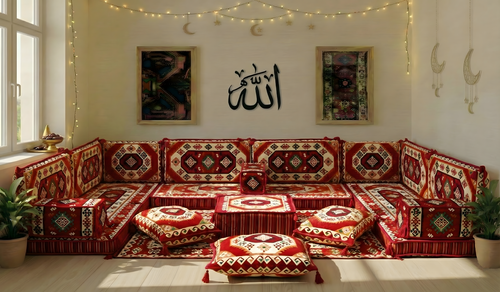 Traditional Red Arabic Sofa for Ramadan, Arabic Majlis for Living Room, Ottoman Floor Seating Sofa Set