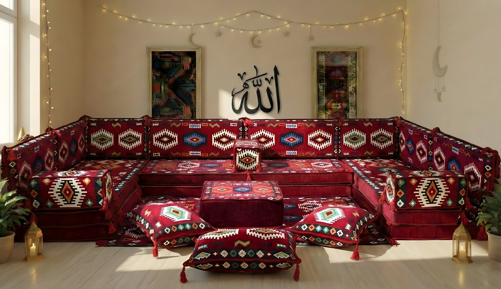Maroon Ottoman Seating Sofa for Ramadan, Arabic Majlis, Boho Style Sofa, Diwan Sofa Seating Set, Arabic Lounge Sofa