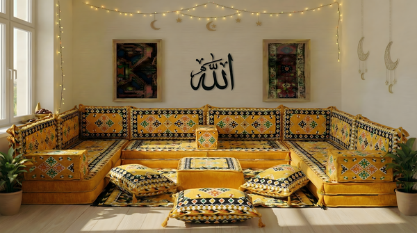 Yellow 8 Inch Thick U Sofa Set, Oriental Floor Seating Set for Ramadan, Arabic Jalsa Diwan Sofa, Ottoman Cushion Set
