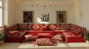 Authentic Red Sofa Sets, Boho Style Living Room Sofa, Arabic Majlis Sofa for Ramadan, 8 Inch Thick Corner Floor Sofa, Moroccan Style Couch