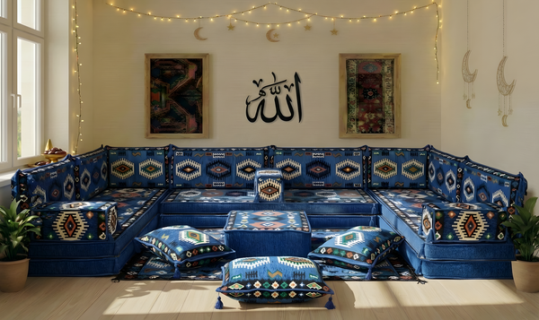 8 Inch Thick Corner Floor Sofa, Blue Diwan Sofa, Moroccan Style Couch for Ramadan, Arabic Floor Sofa with Cushions