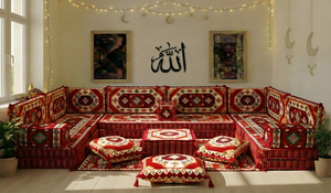 Traditional Red Arabic Sofa for Ramadan, Arabic Majlis for Living Room, Ottoman Floor Seating Sofa Set