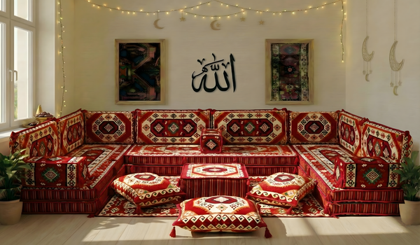Traditional Red Arabic Sofa for Ramadan, Arabic Majlis for Living Room, Ottoman Floor Seating Sofa Set