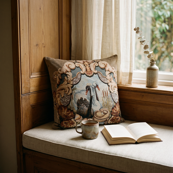 Navy Blue Swan Aria: Vintage Aubusson Pillow Cover – Floral Tapestry Cushion – French Country Sofa Throw Pillow