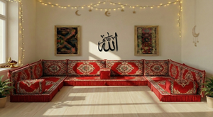 Authentic Red Sofa Sets, Boho Style Living Room Sofa, Arabic Majlis Sofa for Ramadan, 8 Inch Thick Corner Floor Sofa, Moroccan Style Couch