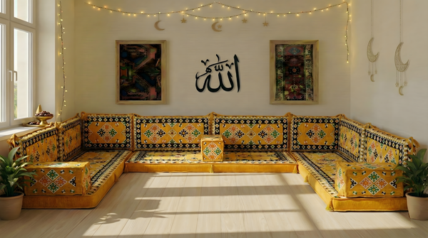 Yellow 8 Inch Thick U Sofa Set, Oriental Floor Seating Set for Ramadan, Arabic Jalsa Diwan Sofa, Ottoman Cushion Set