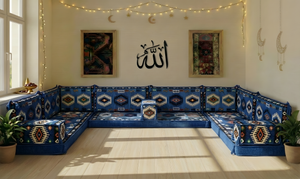 8 Inch Thick Corner Floor Sofa, Blue Diwan Sofa, Moroccan Style Couch for Ramadan, Arabic Floor Sofa with Cushions