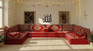 Authentic Red Sofa Sets, Boho Style Living Room Sofa, Arabic Majlis Sofa for Ramadan, 8 Inch Thick Corner Floor Sofa, Moroccan Style Couch
