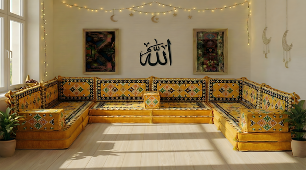 Yellow 8 Inch Thick U Sofa Set, Oriental Floor Seating Set for Ramadan, Arabic Jalsa Diwan Sofa, Ottoman Cushion Set