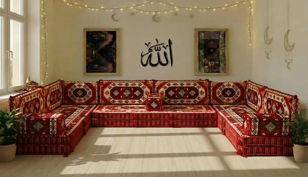Traditional Red Arabic Sofa for Ramadan, Arabic Majlis for Living Room, Ottoman Floor Seating Sofa Set