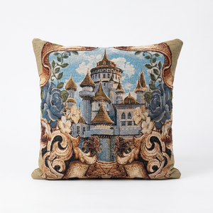 Misty Cameo: Smoke Grey Aubusson Lumbar Pillow Cover – Oval Frame Floral Tapestry – Gold Fringe – Vintage Parisian Throw Pillow