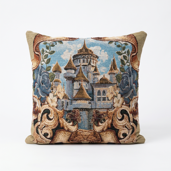 Misty Cameo: Smoke Grey Aubusson Lumbar Pillow Cover – Oval Frame Floral Tapestry – Gold Fringe – Vintage Parisian Throw Pillow