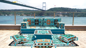 Turquoise Milas Breeze: Single Floor Sofa Set – 8 Inch Thick Arabic Sofa – Modular Floor Seating – Turkish Floor Sofa