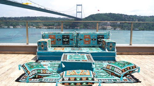 Turquoise Milas Breeze: Single Floor Sofa Set – 8 Inch Thick Arabic Sofa – Modular Floor Seating – Turkish Floor Sofa