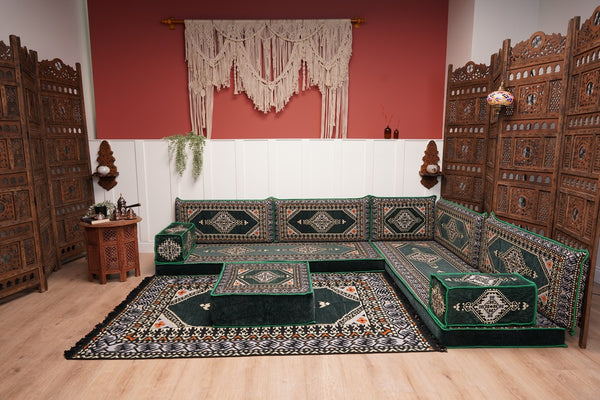 L Shaped Green Moroccan Livingroom Cushions, Corner Floor Couch, Turkish Sofa, Oriental Floor Cushions, Sofa Pillow, Floor Cushions