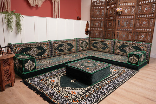 L Shaped Green Moroccan Livingroom Cushions, Corner Floor Couch, Turkish Sofa, Oriental Floor Cushions, Sofa Pillow, Floor Cushions