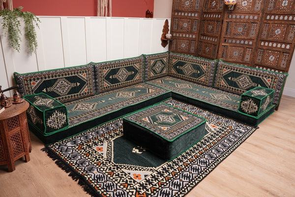 L Shaped Green Moroccan Livingroom Cushions, Corner Floor Couch, Turkish Sofa, Oriental Floor Cushions, Sofa Pillow, Floor Cushions