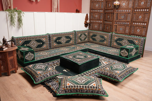 Coussins de salon marocains verts en forme de L, canapé d'angle au sol, canapé turc, coussins orientaux de sol, coussin de canapé, coussins de sol