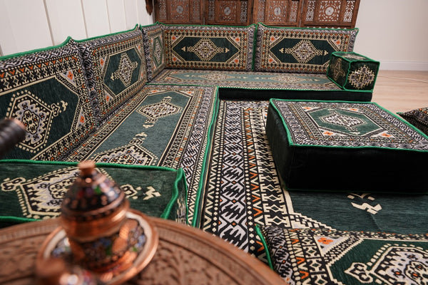L Shaped Green Moroccan Livingroom Cushions, Corner Floor Couch, Turkish Sofa, Oriental Floor Cushions, Sofa Pillow, Floor Cushions