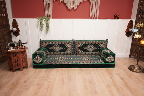 16'' Dickes Grünes Marokkanisches Sofa, Arabisches Majlis Sofa, Bodenkissen, Arabische Boden-Couch, Ecksofa, Traditionelles Wohnzimmersofa, Einzelsofas, Ecksofa
