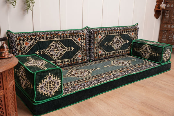 16'' Thickness Green Moroccan Sofa, Arabic Majlis Sofa, Floor Cushions, Arabic Floor Couch, Sectional Sofa, Traditional Living Room Sofa, Sectional Sofa