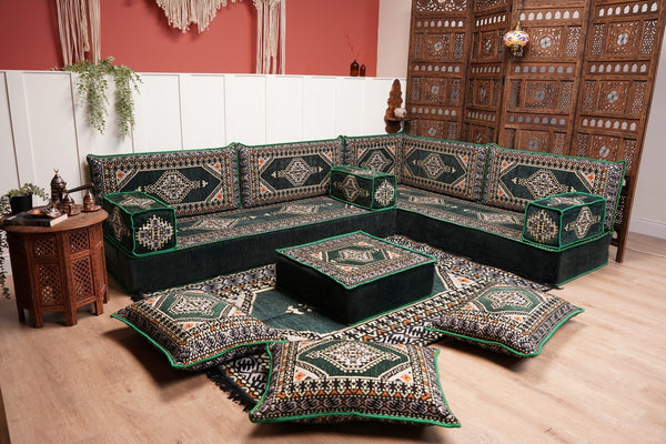 L Shaped Green Moroccan Livingroom Cushions, Corner Floor Couch, Turkish Sofa, Oriental Floor Cushions, Sofa Pillow, Floor Cushions