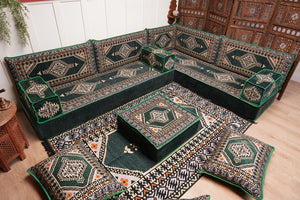 L Shaped Green Moroccan Livingroom Cushions, Corner Floor Couch, Turkish Sofa, Oriental Floor Cushions, Sofa Pillow, Floor Cushions