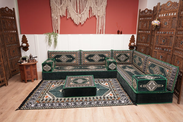 L Shaped Green Moroccan Livingroom Cushions, Corner Floor Couch, Turkish Sofa, Oriental Floor Cushions, Sofa Pillow, Floor Cushions