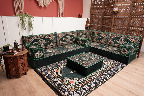 L Shaped Green Moroccan Livingroom Cushions, Corner Floor Couch, Turkish Sofa, Oriental Floor Cushions, Sofa Pillow, Floor Cushions