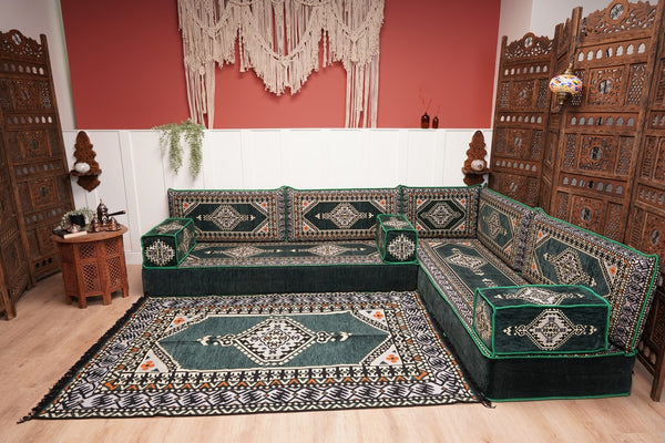 L Shaped Green Moroccan Livingroom Cushions, Corner Floor Couch, Turkish Sofa, Oriental Floor Cushions, Sofa Pillow, Floor Cushions