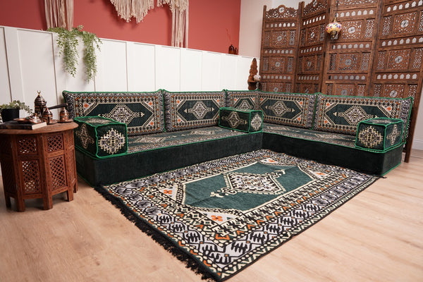 L Shaped Green Moroccan Livingroom Cushions, Corner Floor Couch, Turkish Sofa, Oriental Floor Cushions, Sofa Pillow, Floor Cushions