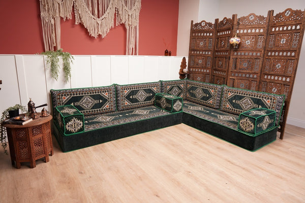 L Shaped Green Moroccan Livingroom Cushions, Corner Floor Couch, Turkish Sofa, Oriental Floor Cushions, Sofa Pillow, Floor Cushions