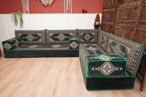 L Shaped Green Moroccan Livingroom Cushions, Corner Floor Couch, Turkish Sofa, Oriental Floor Cushions, Sofa Pillow, Floor Cushions