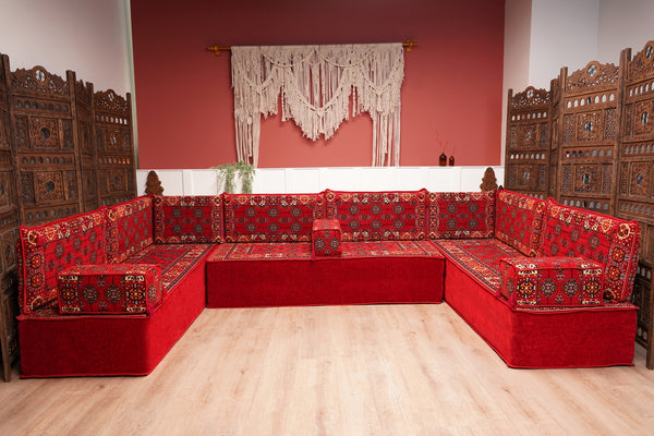 Red Afghan Heritage: U Shaped Floor Sofa Set – Arabic Sofa – Handmade Floor Sofa – Authentic Arabic Jalsa Seating