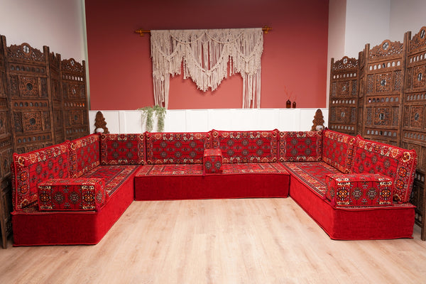 Red Afghan Heritage: U Shaped Floor Sofa Set – Arabic Sofa – Handmade Floor Sofa – Authentic Arabic Jalsa Seating