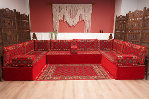 Red Afghan Heritage: U Shaped Floor Sofa Set – Arabic Sofa – Handmade Floor Sofa – Authentic Arabic Jalsa Seating