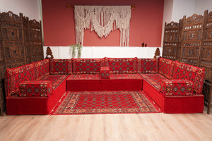 Red Afghan Heritage: U Shaped Floor Sofa Set – Arabic Sofa – Handmade Floor Sofa – Authentic Arabic Jalsa Seating