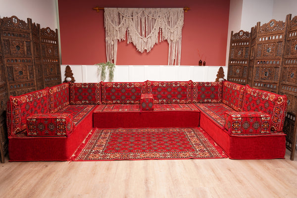 Red Afghan Heritage: U Shaped Floor Sofa Set – Arabic Sofa – Handmade Floor Sofa – Authentic Arabic Jalsa Seating