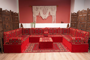 Red Afghan Heritage: U Shaped Floor Sofa Set – Arabic Sofa – Handmade Floor Sofa – Authentic Arabic Jalsa Seating