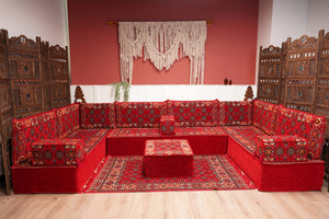 Red Afghan Heritage: U Shaped Floor Sofa Set – Arabic Sofa – Handmade Floor Sofa – Authentic Arabic Jalsa Seating