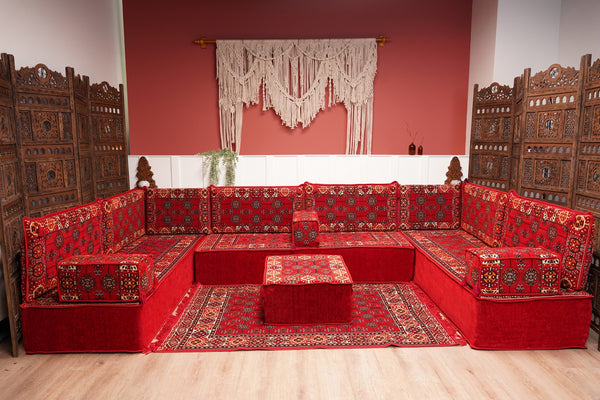 Red Afghan Heritage: U Shaped Floor Sofa Set – Arabic Sofa – Handmade Floor Sofa – Authentic Arabic Jalsa Seating