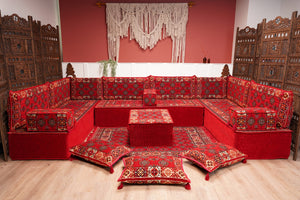 Red Afghan Heritage: U Shaped Floor Sofa Set – Arabic Sofa – Handmade Floor Sofa – Authentic Arabic Jalsa Seating