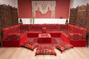 Red Afghan Heritage: U Shaped Floor Sofa Set – Arabic Sofa – Handmade Floor Sofa – Authentic Arabic Jalsa Seating