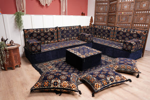 Navy Blue Single Arabic Floor Sofa Set, Handmade Livingroom Floor Couch, Arabic Seating