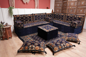 Navy Blue Single Arabic Floor Sofa Set, Handmade Livingroom Floor Couch, Arabic Seating