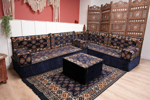 Navy Blue Single Arabic Floor Sofa Set, Handmade Livingroom Floor Couch, Arabic Seating