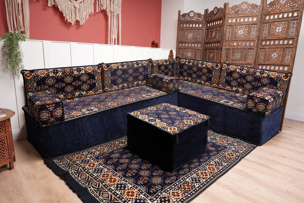 Navy Blue Single Arabic Floor Sofa Set, Handmade Livingroom Floor Couch, Arabic Seating